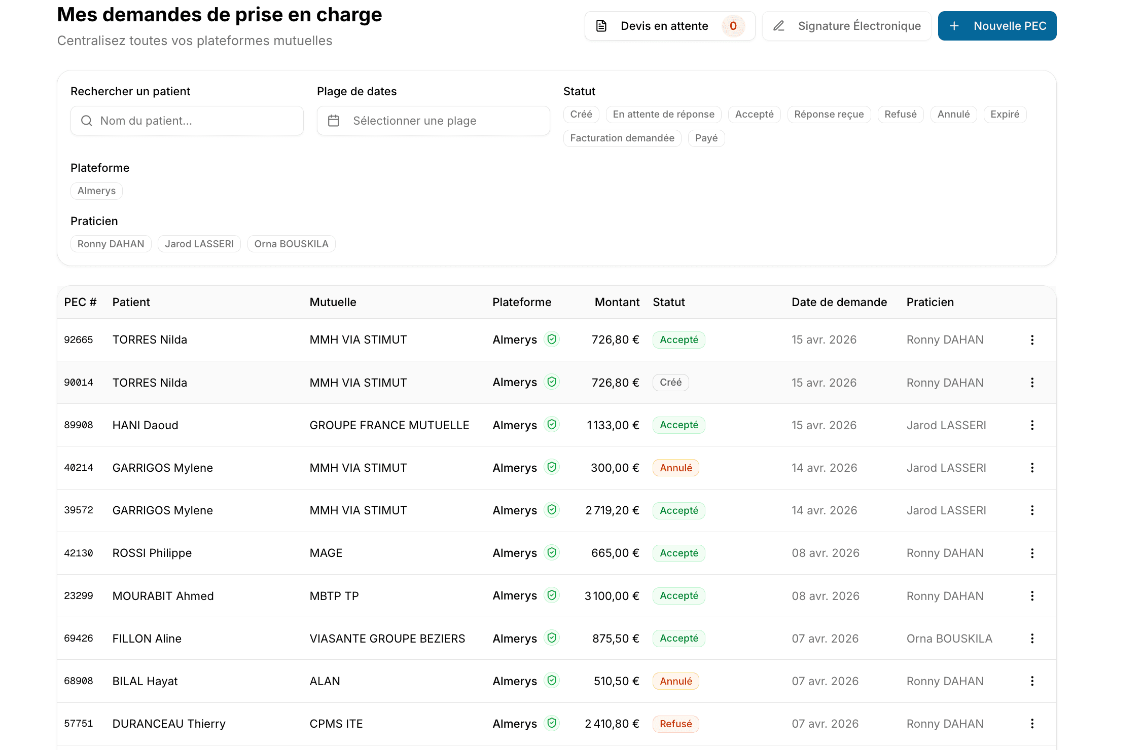 Vue liste des PEC avec statuts